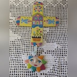 Vtg Colorful Ceramic Cross with Sun Face Shannon Smith 2001